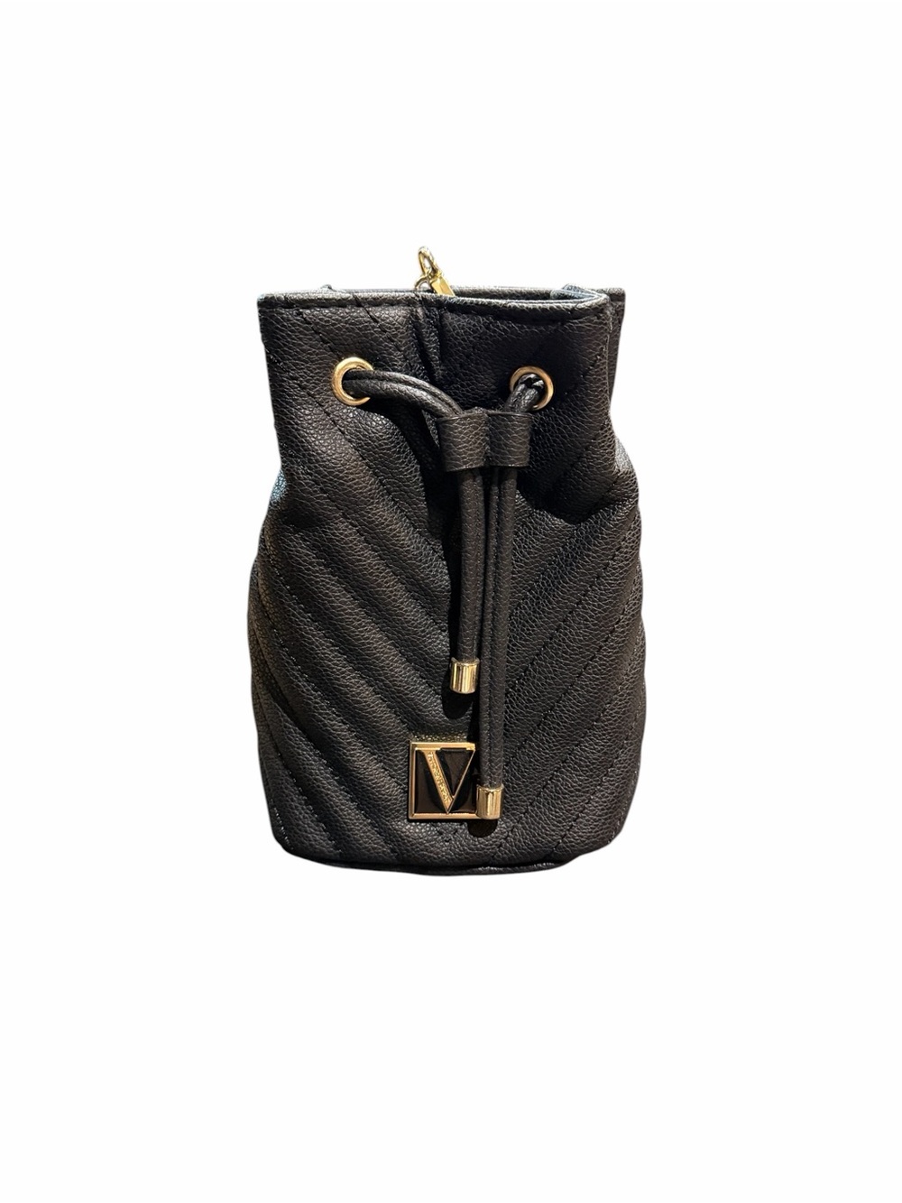 Black Quilted Drawstring Bucket Bag with Gold Accent